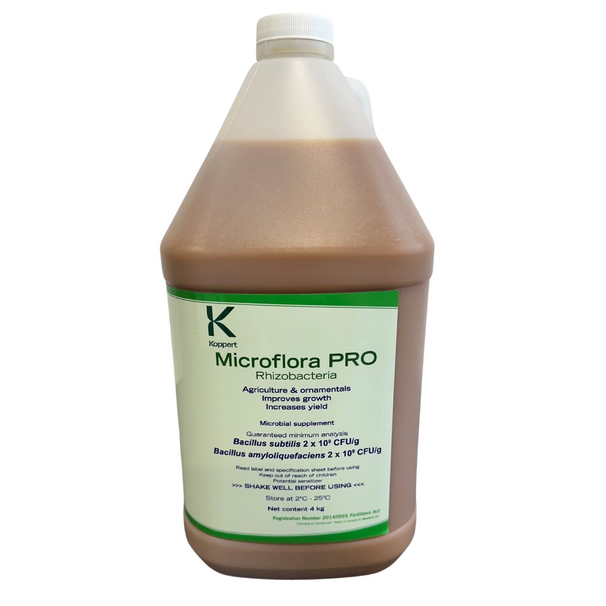 A bottle of Microflora Pro, a liquid microbial supplement for plants, with branding and information printed on the label.