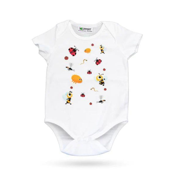 Onsie for baby: white with small printed images of bees, ladybugs and other insects 