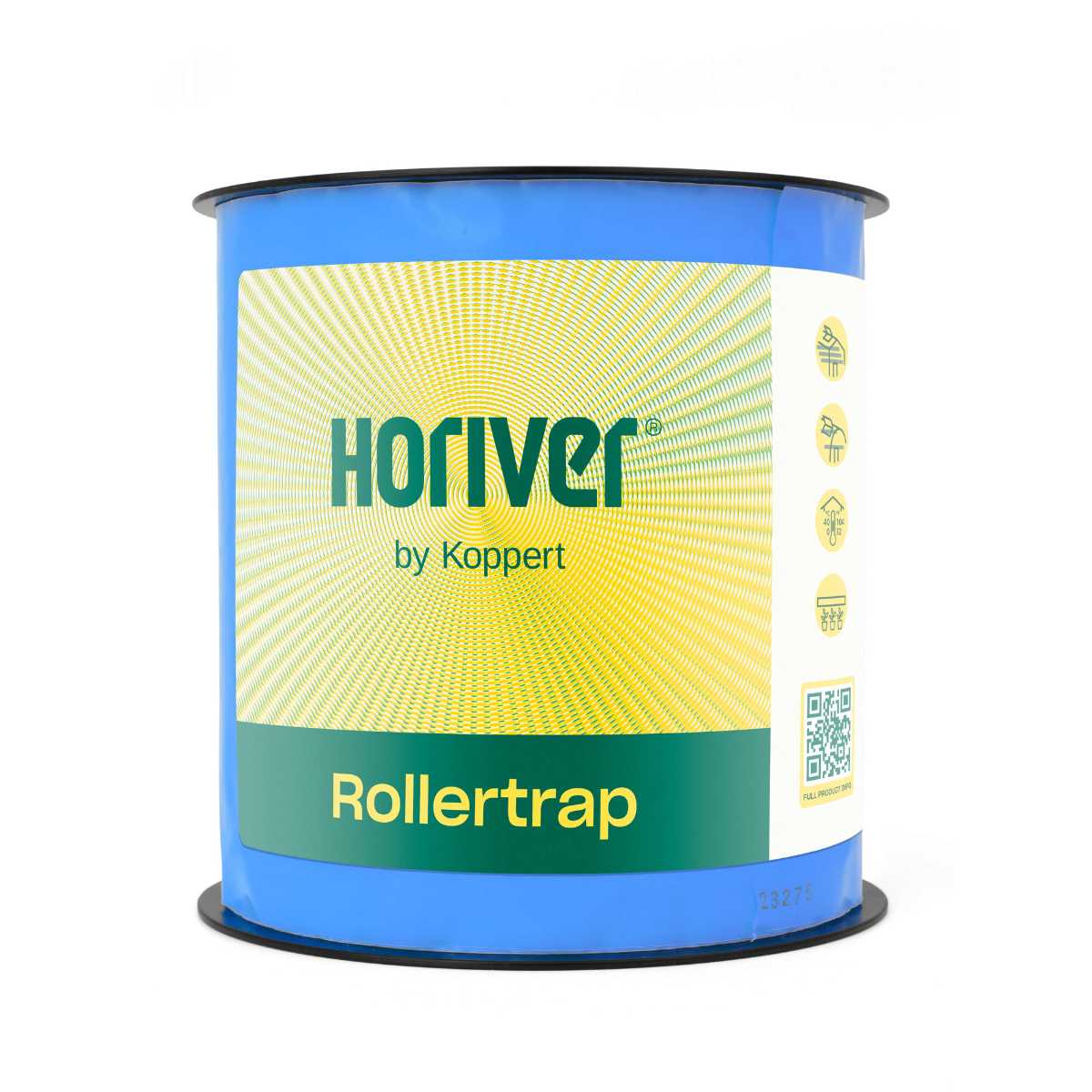 A roll of blue sticky trap paper labeled 'Horiver by Koppert' for pest control.