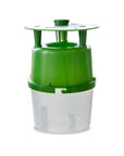 A green and white insect trap designed for monitoring and trapping male box tree moths.