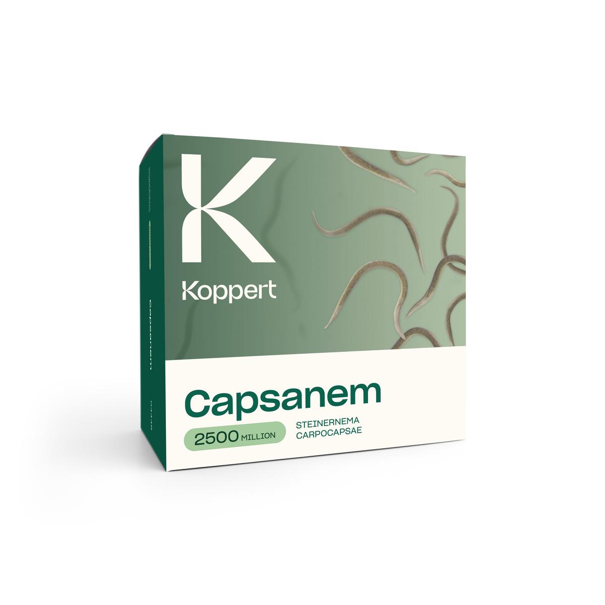 A package of Koppert Capsanem, featuring a green and white color scheme with branding and product name displayed.