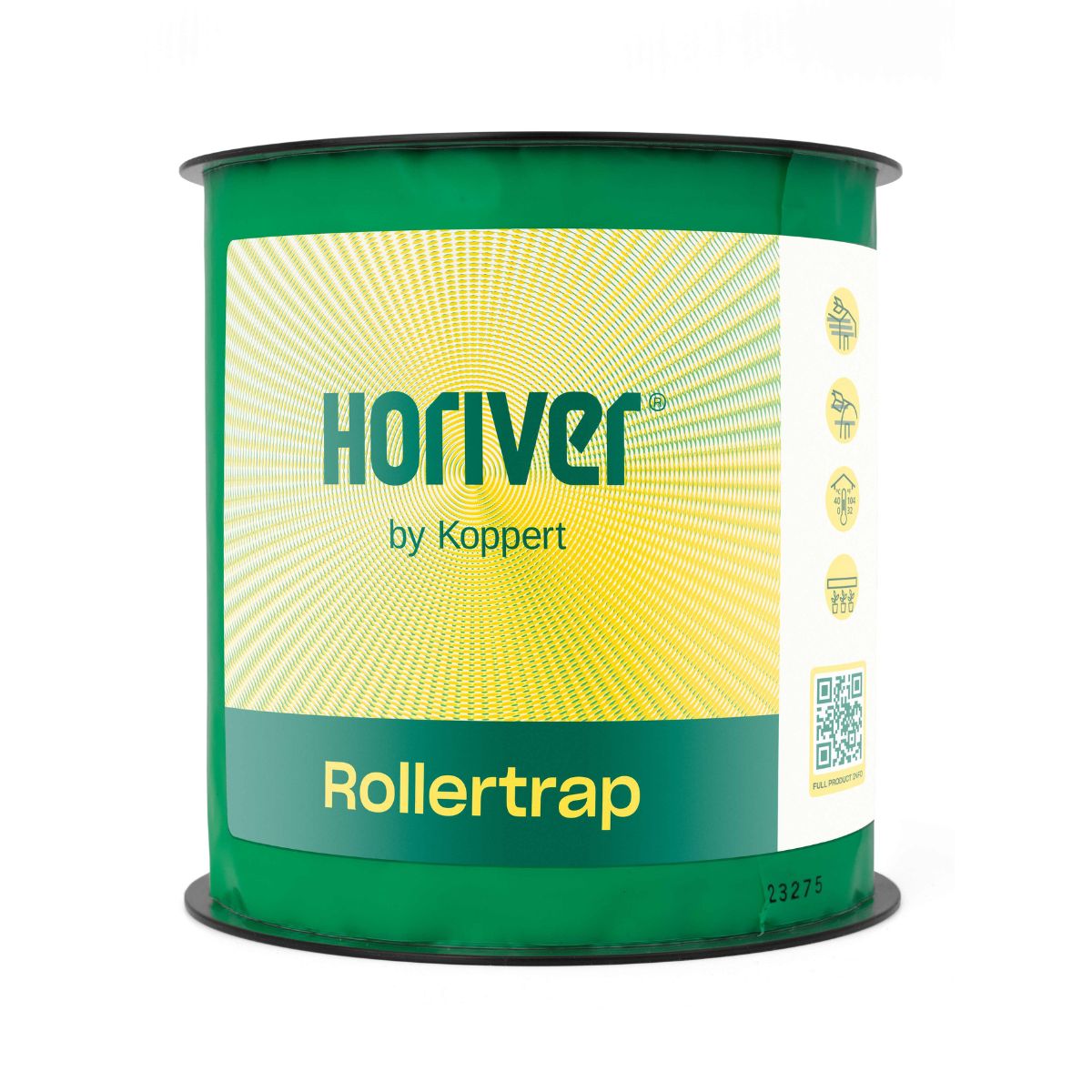 A roll of green sticky trap paper labeled 'Horiver by Koppert' for pest control.
