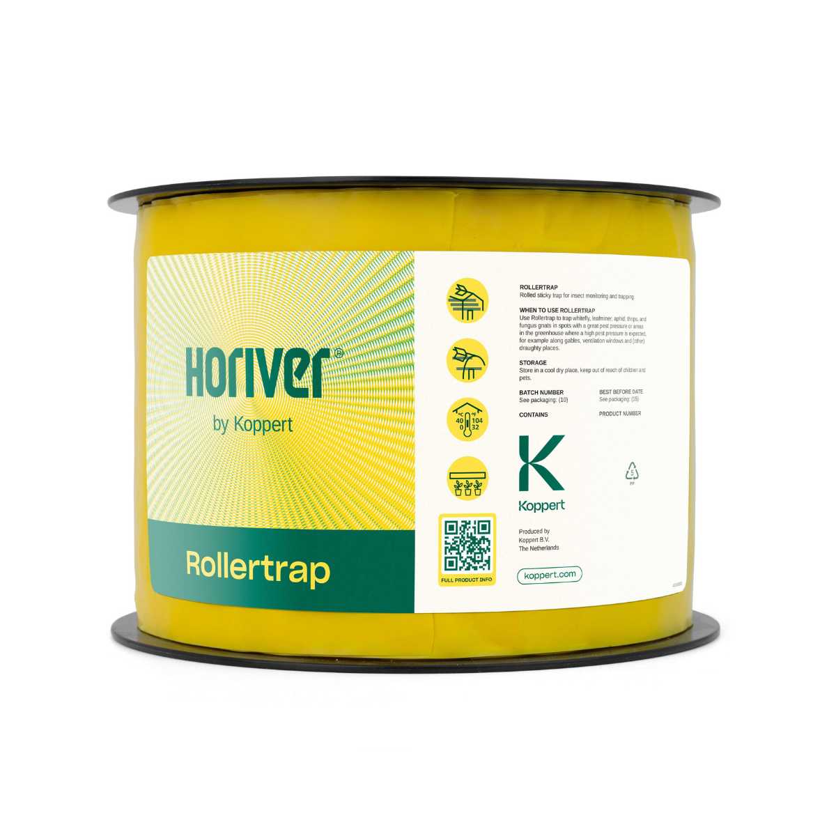 A roll of yellow sticky trap paper labeled 'Horiver by Koppert' for pest control.