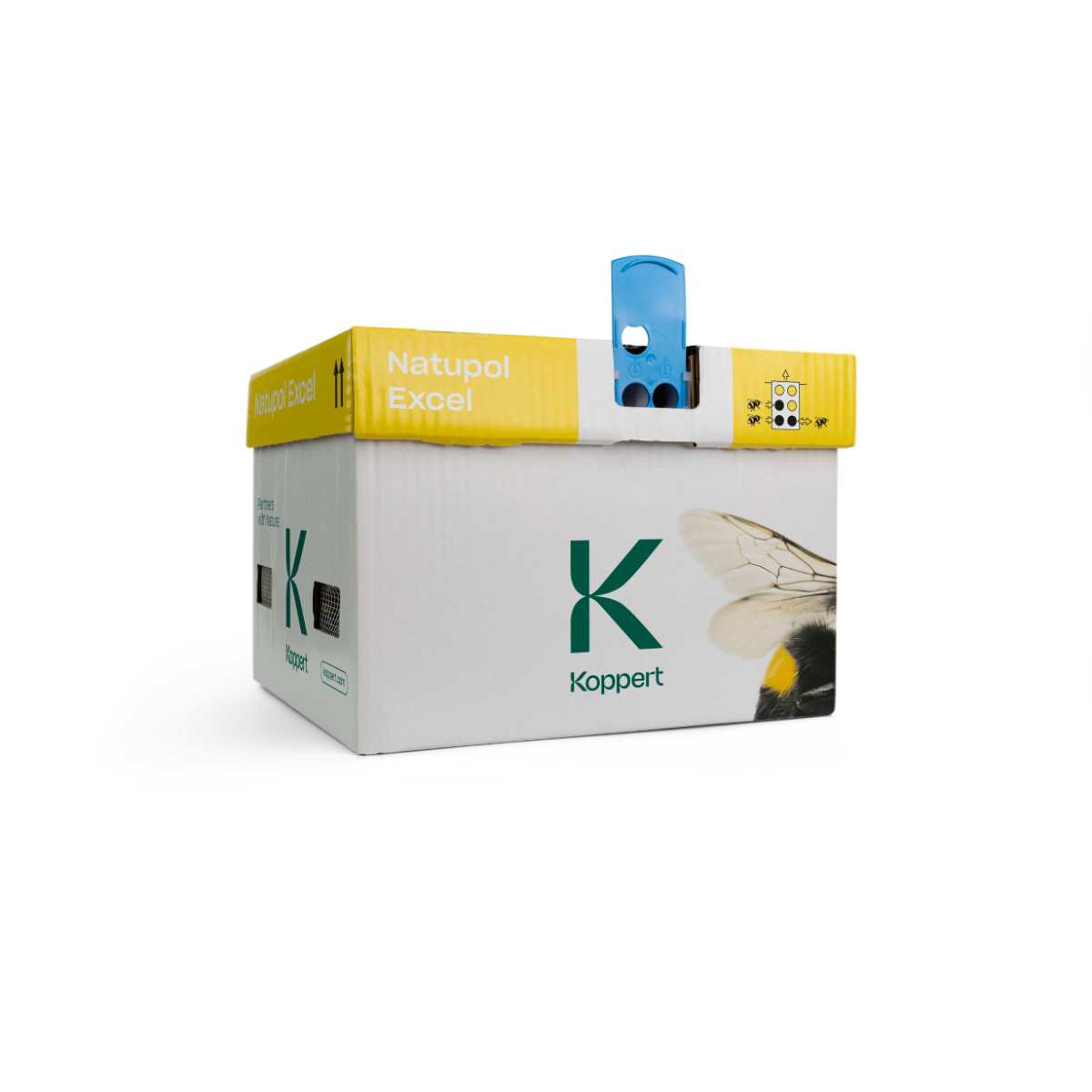 A packaged product labeled Natupol Excel by Koppert, containing bumblebees for greenhouse pollination.
