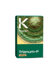 Un emballage de Trianumum-P de Koppert, qui semble être une boîte verte et jaune avec une image agrandie d'un système végétal sur le devant.