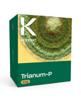 Un emballage de Trianumum-P de Koppert, qui semble être une boîte verte et jaune avec une image agrandie d'un système végétal sur le devant.