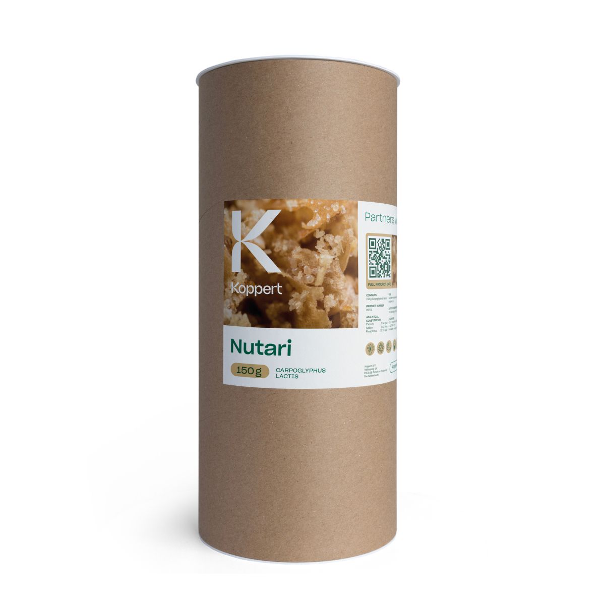 A cylindrical cardboard packaging labeled 'Nutari' by Koppert, containing a supplementary food product for predatory mites.