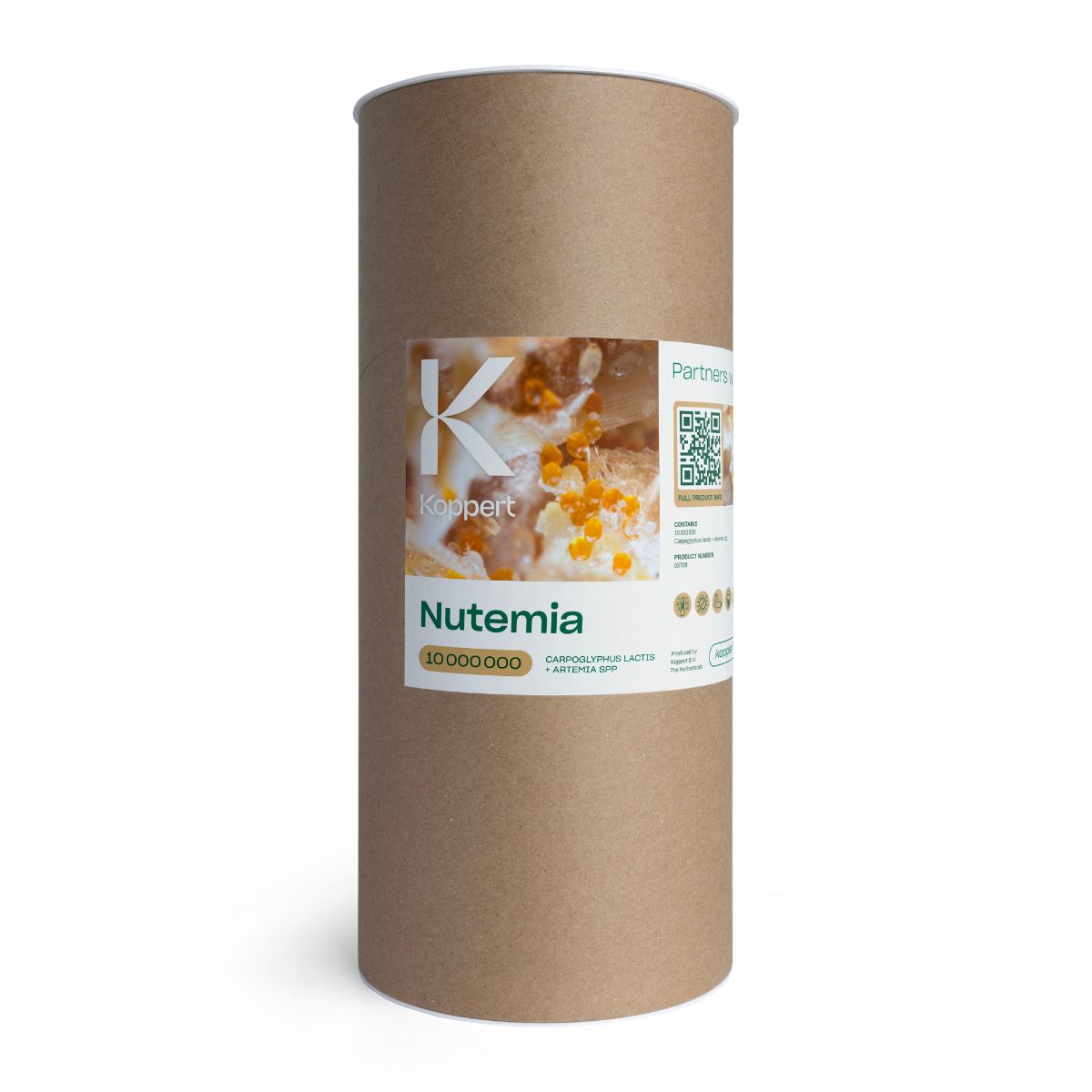 A cylindrical cardboard package labeled 'Nutemia' containing supplementary food for predatory bugs and mites