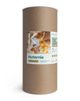 A cylindrical cardboard package labeled 'Nutemia' containing supplementary food for predatory bugs and mites