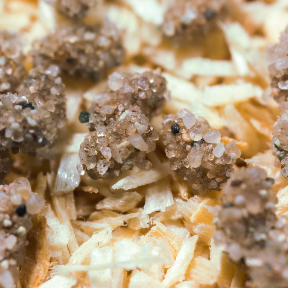 Close-up of a textured surface with brown and beige Aphidend pupae