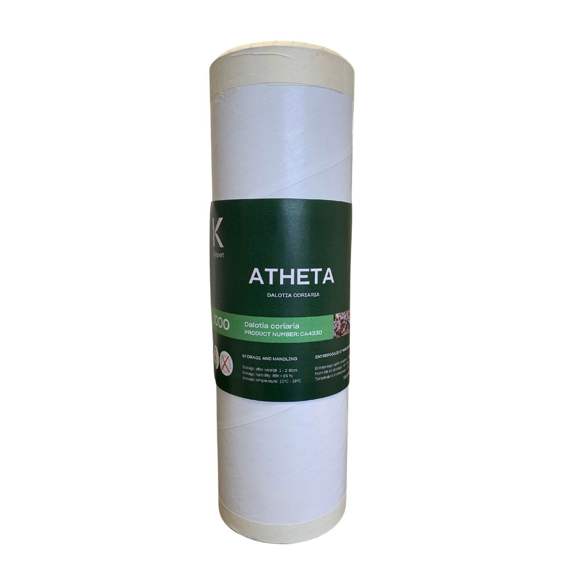 A white cardboard cylinder with a label that includes the text &#39;ATHETA&#39;