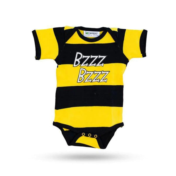 Bee onsie for baby: black and yellow with the words "Bzzz Bzzz"on it