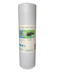 Cardboard cylinder with a label on a white background
