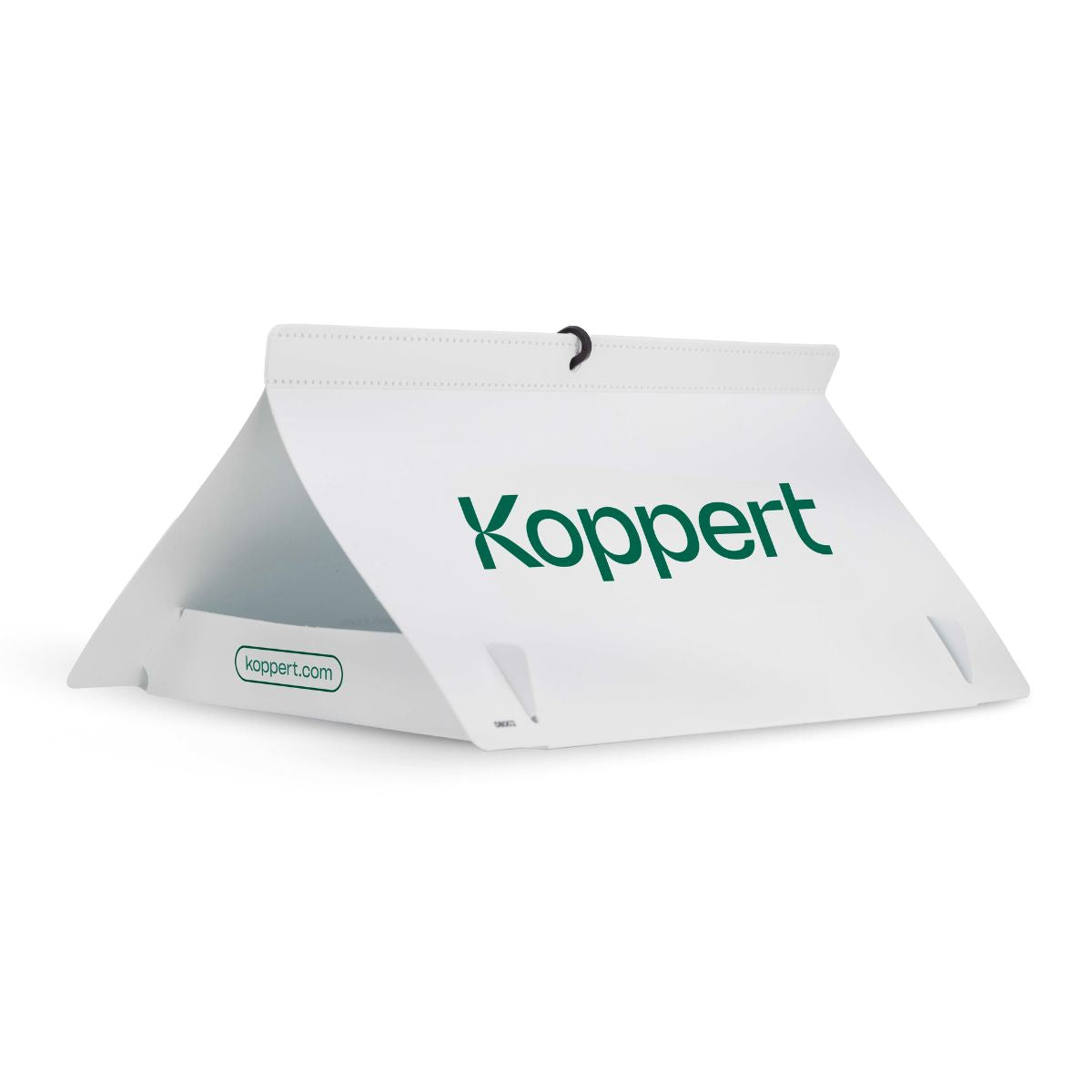 A white, triangular pest control trap with the brand name 'Koppert' printed on it, featuring a suspension hook and a sticky insert.