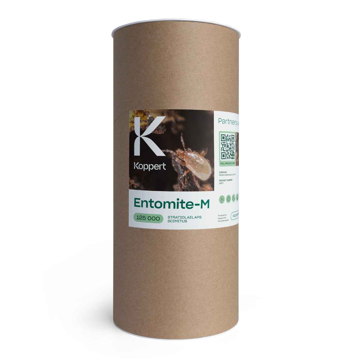 A cylindrical packaging labeled 'K HOPPER Entomite-M' featuring an image of a predatory mite on a white background.