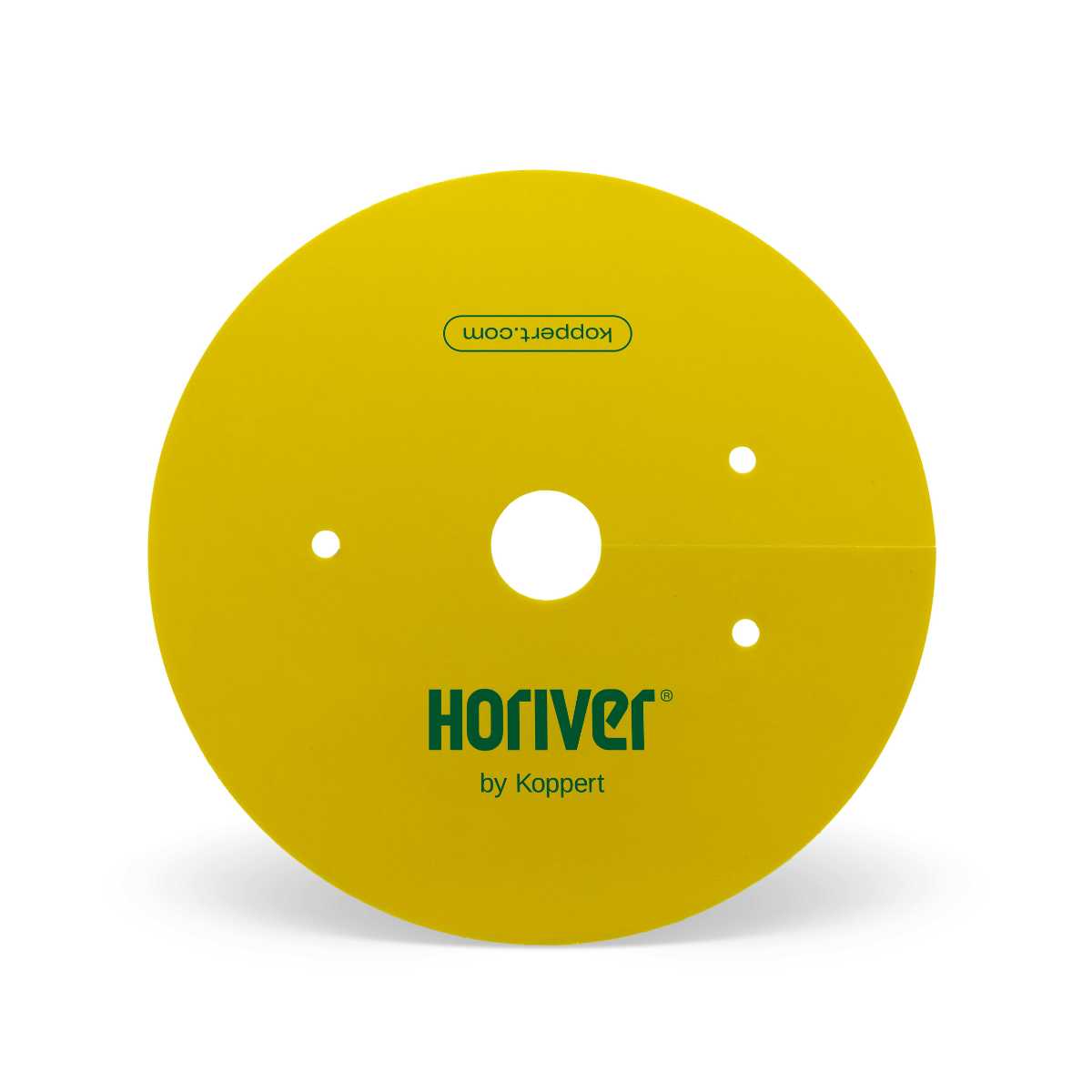 A yellow circular device with the brand 'Horiver' printed on it, which is used for trapping pests around plant stems.