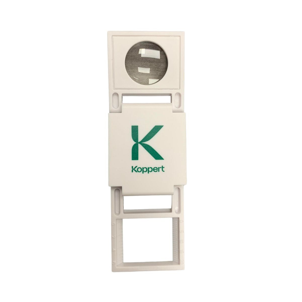 A plastic magnifying lens with a white frame and a green 'K' logo, designed for close-up examination of plant parts and pests.