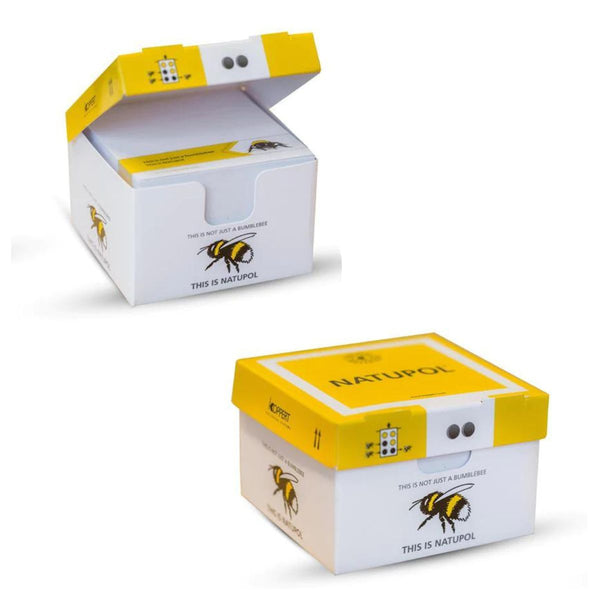 Papillons adhésifs en boîte imitant une toute petite ruche Natupol. Vue ouverte et vue fermée