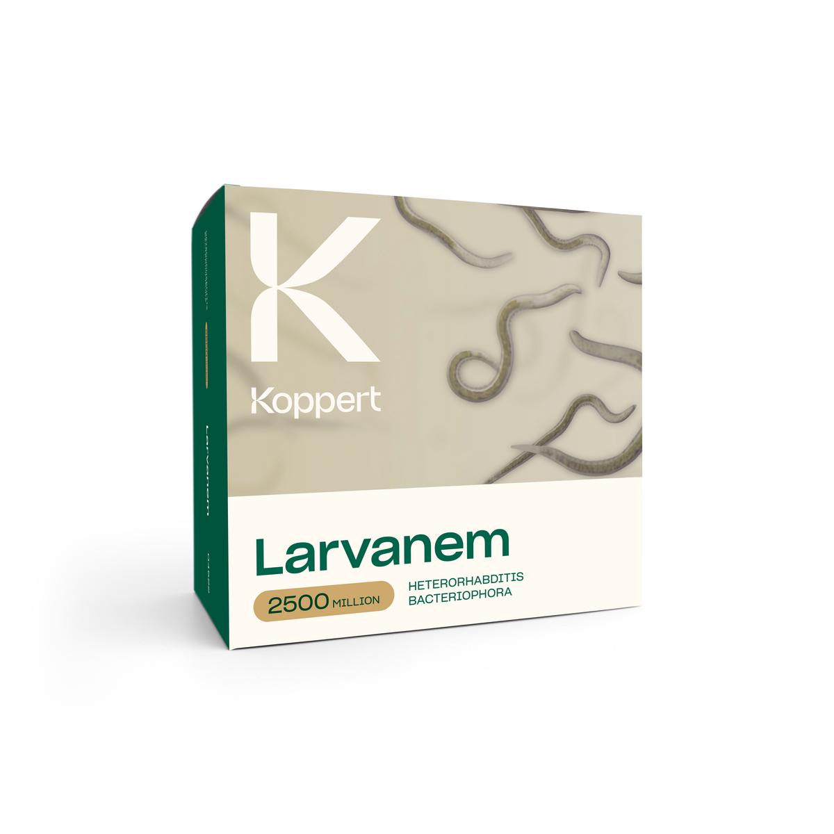 A box of Larvanem, a product containing heterorhabditis bacteriophora nematodes for pest control, with the Koppert logo visible.