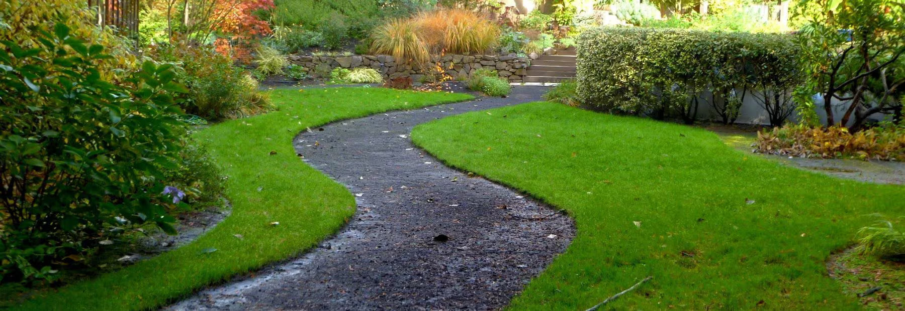 Winding garden path through a lush green lawn with trees and shrubs.