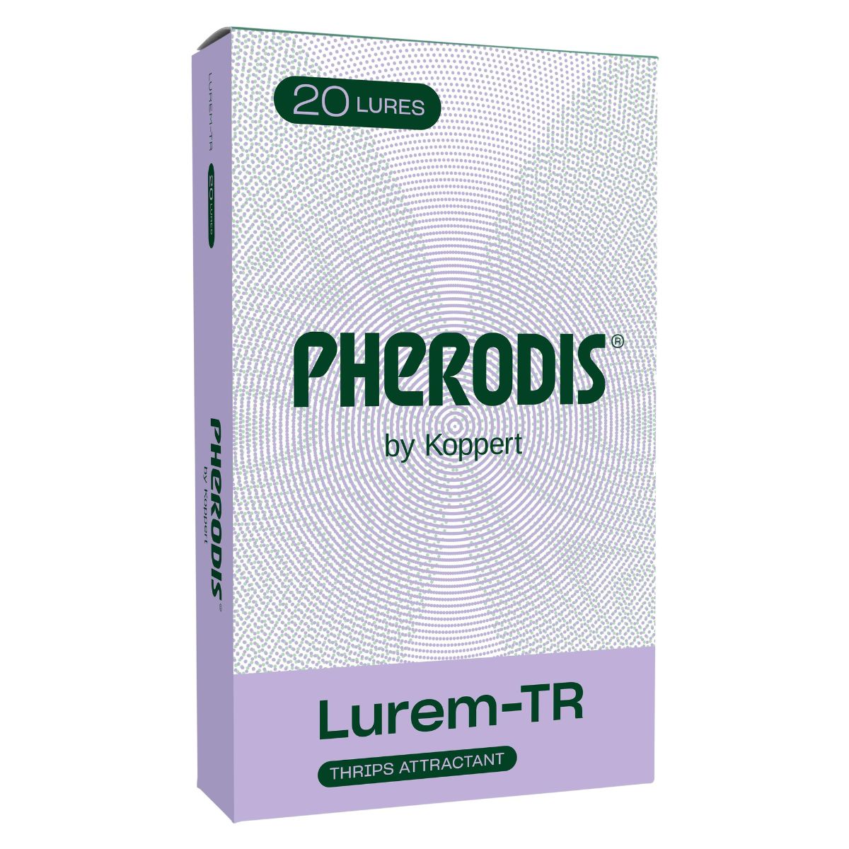 A box of Pherodis Lurem-TR thrips attractant lures by Koppert, with 20 lures per package.