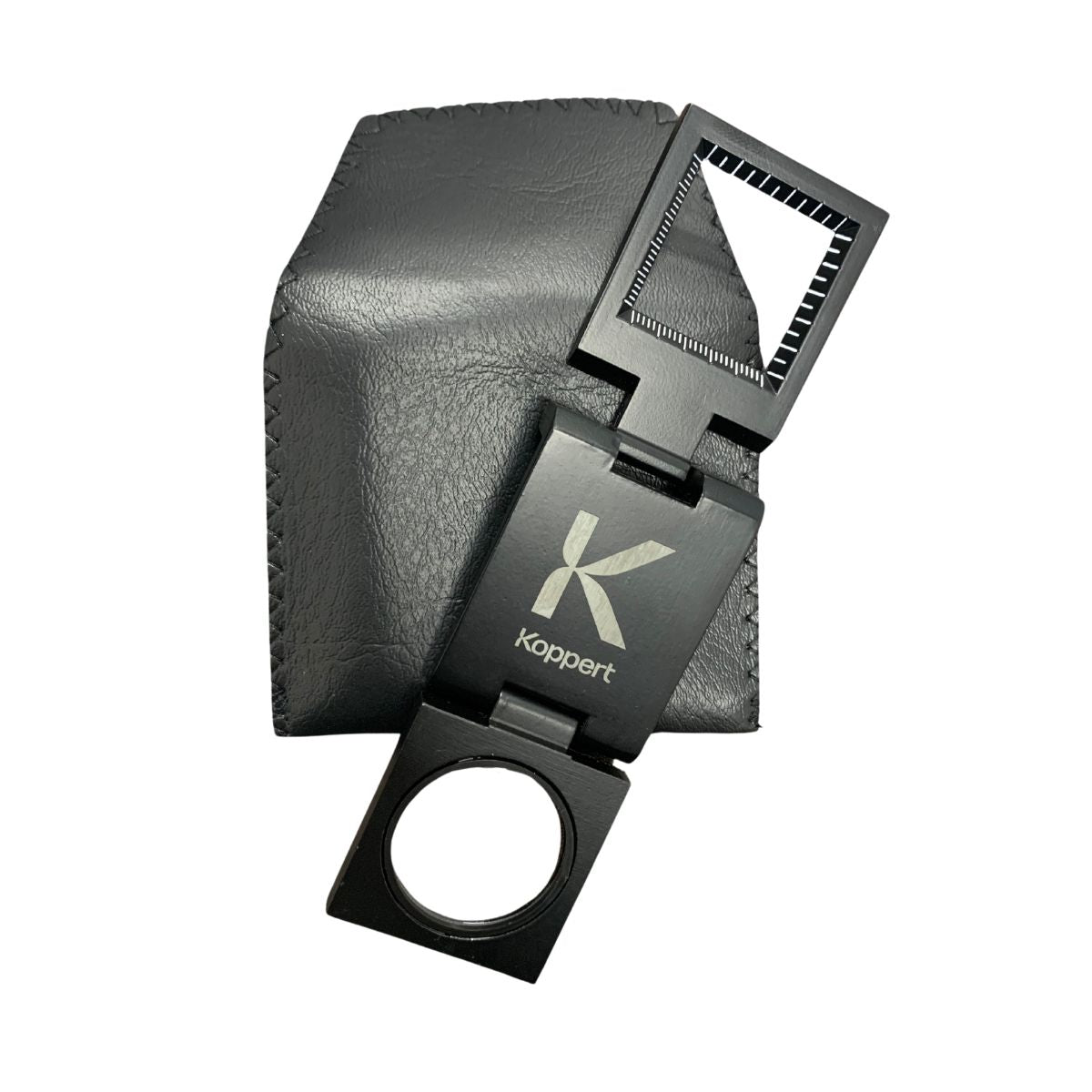 A black metal magnifying lens with a scale, displayed alongside its black protective case, featuring the brand name 'Koppert' on the lens.