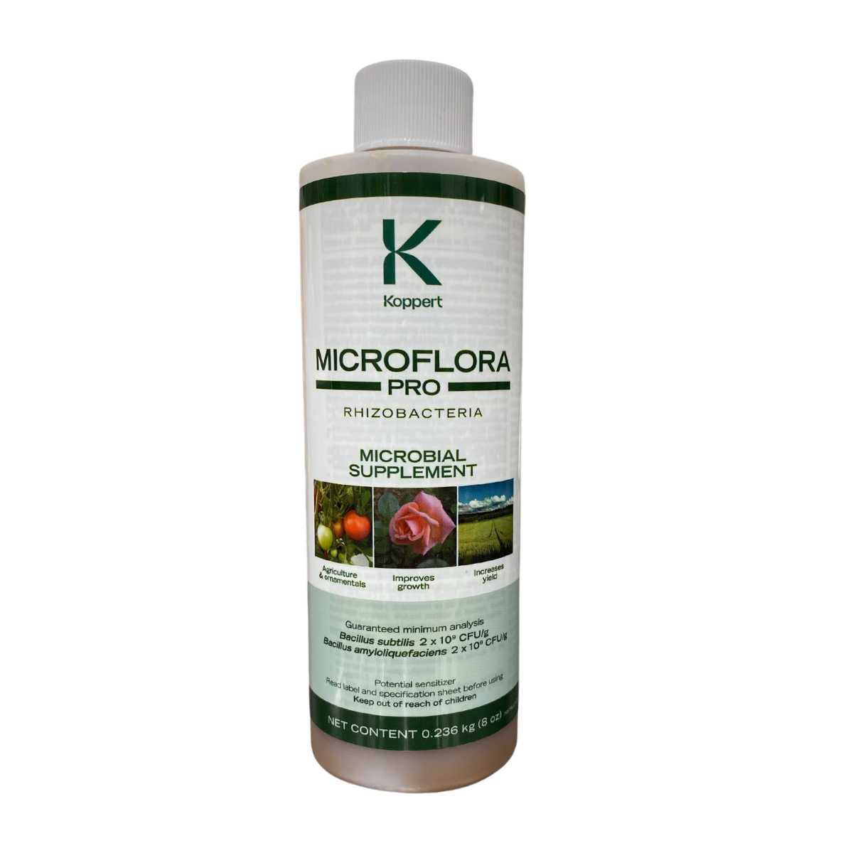 A bottle of Microflora Pro with branding and information printed on the label.