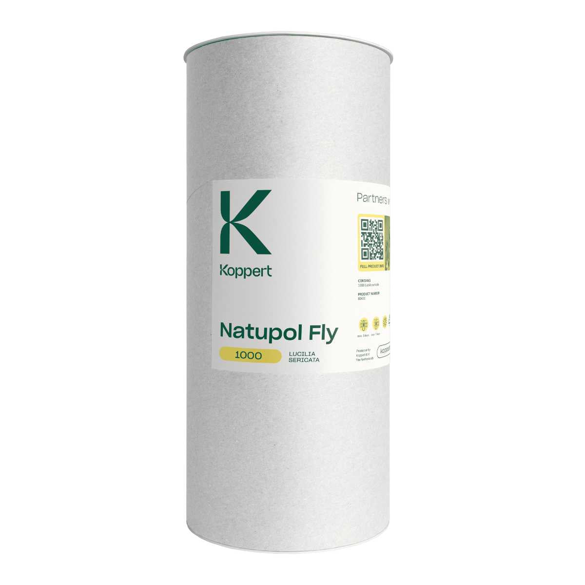 Récipient cylindrique étiqueté "Natupol Fly" par Koppert