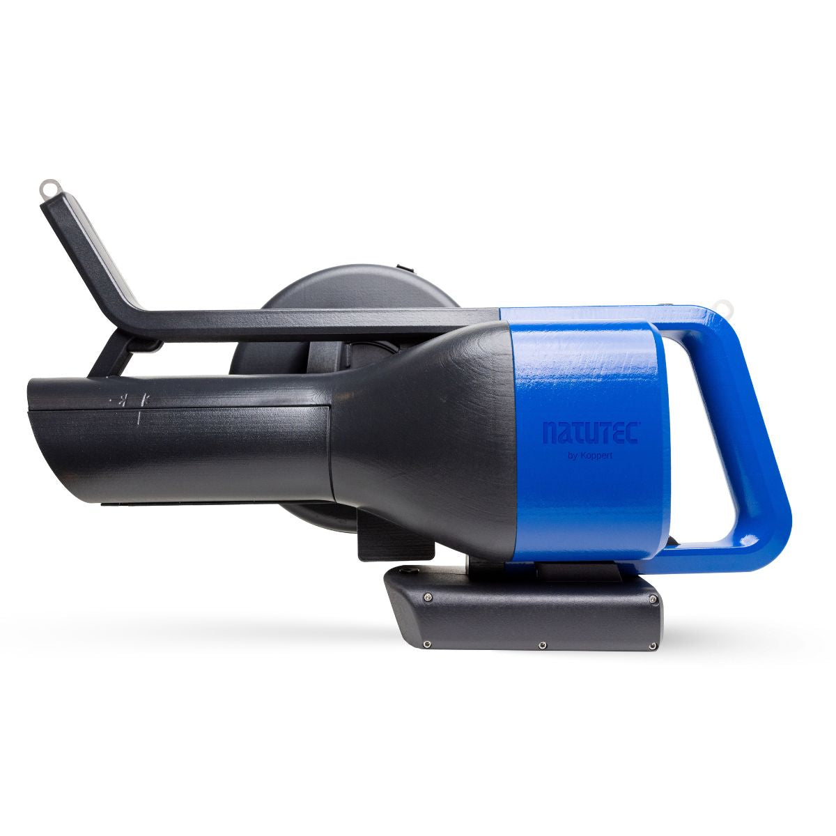 A black and blue Natutec Airobreez device used for distributing natural enemies in crops, consisting of a blowing device, shoulder belt, and reservoir with a closing lid.