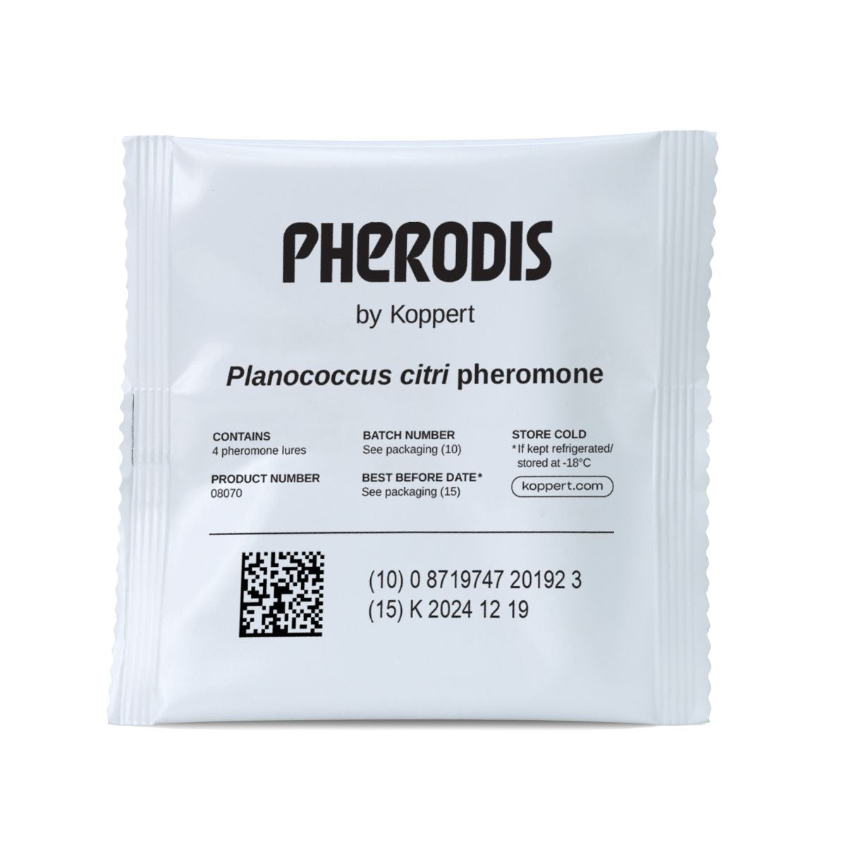 A sealed white sachet labeled with 'PHERODIS by Koppert' and 'Planococcus citri pheromone', with additional text including product number, batch number, and storage instructions.