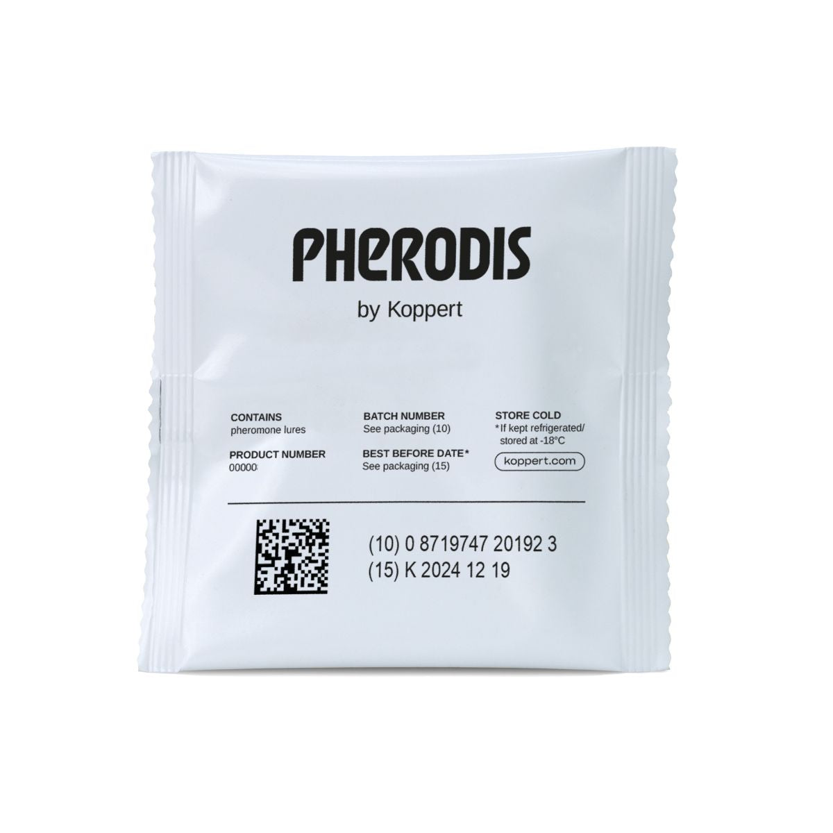 Un sachet blanc scellé étiqueté "PHERODIS by Koppert" contenant des phéromones pour attirer les mâles de Musca domestica (mouches domestiques).