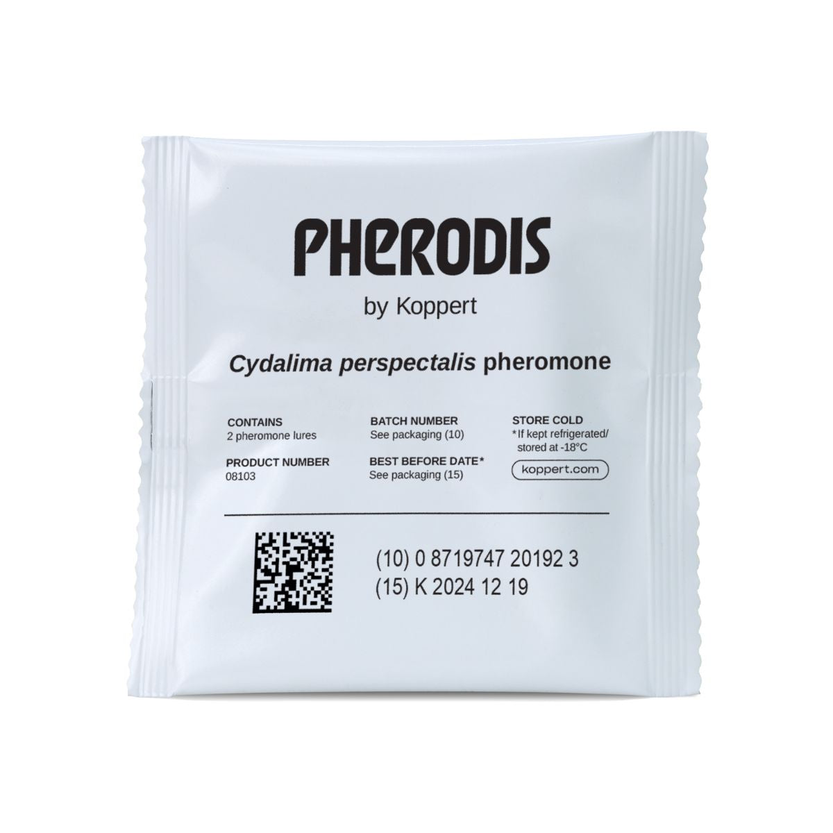 Un sachet blanc scellé portant l'étiquette "PHERODIS by Koppert" contenant des phéromones de Cydalima perspectalis.