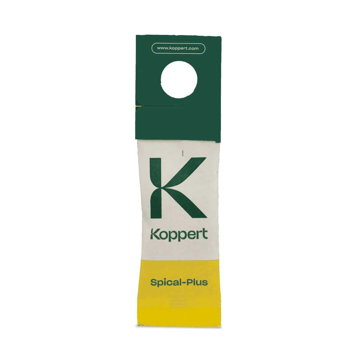 A sachet of Spical Plus mite control product from Koppert, with green, white, and yellow packaging.