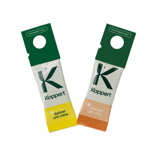 Two Koppert predator mite sachets on a white background