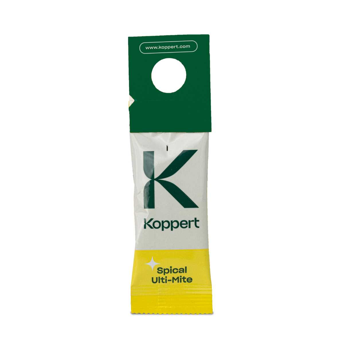 A sachet of Spical Ulti-Mite in a white, green, and yellow colour scheme on a white background