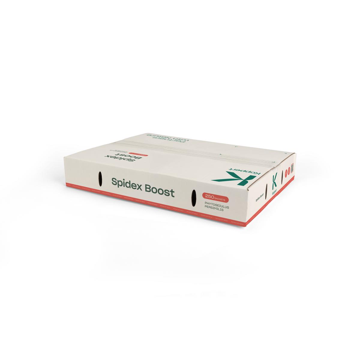 Large, thin white box of 250 spidex-boost sachets 