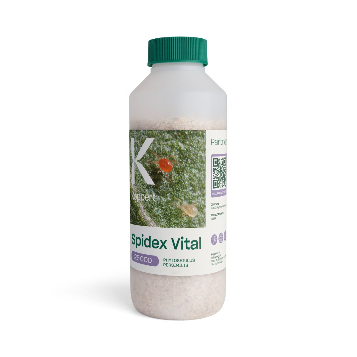 A product image of Spidex Vital containing predatory mites Phytoseiulus persimilis, in a white bottle with a green cap.