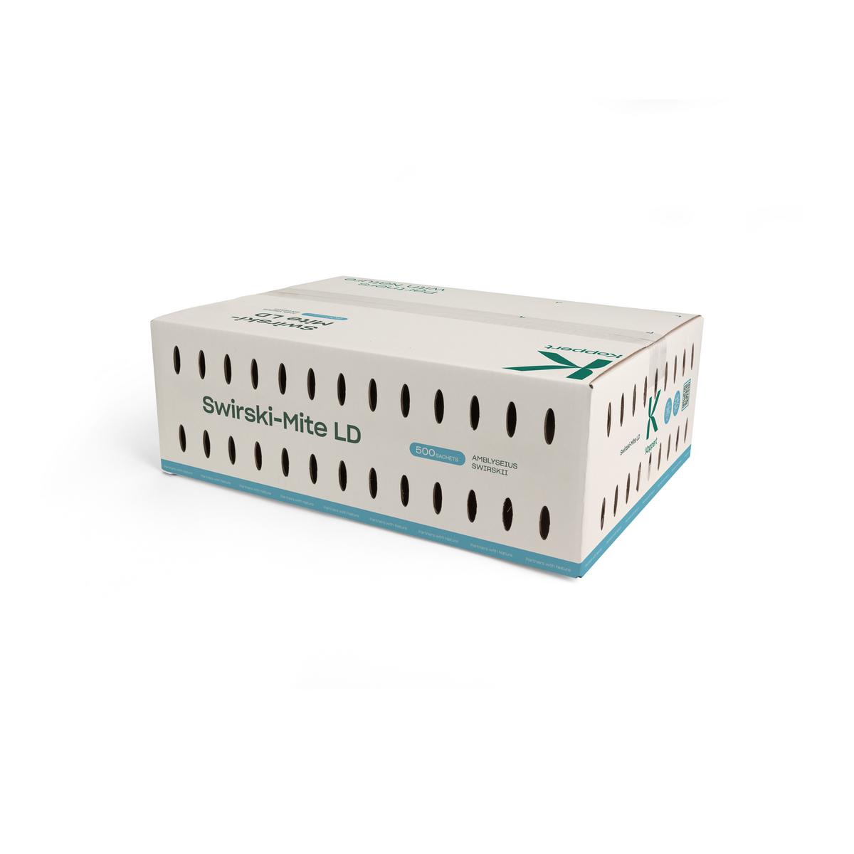 Large white box of swirski mite LD, 500 sachets