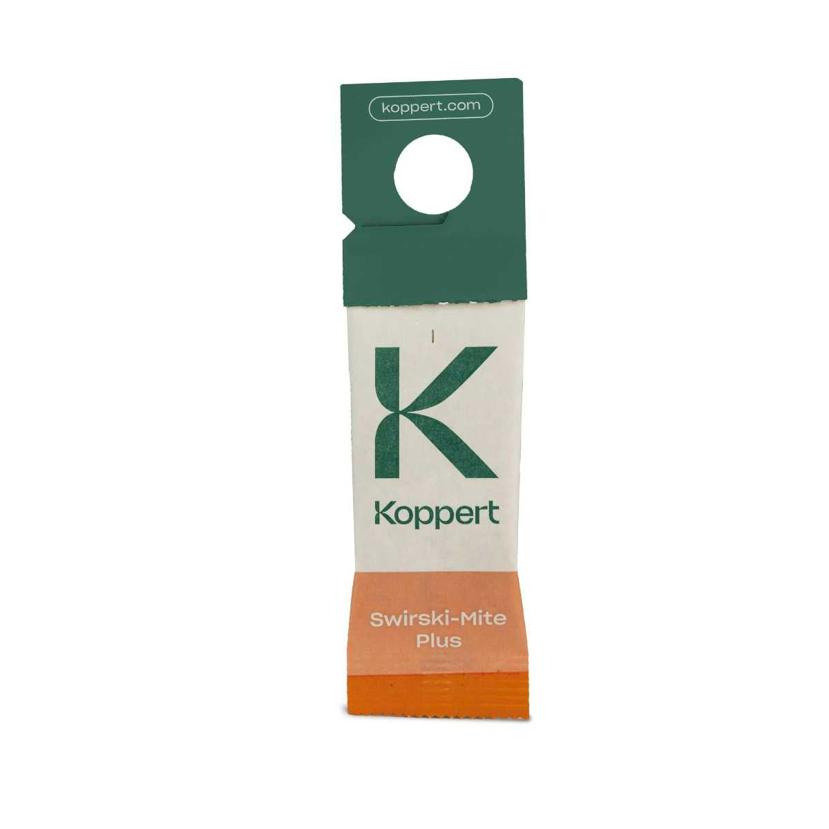 A sachet labeled 'Swirski-Mite Plus' by Koppert, which contains predatory mites for pest control in plants.