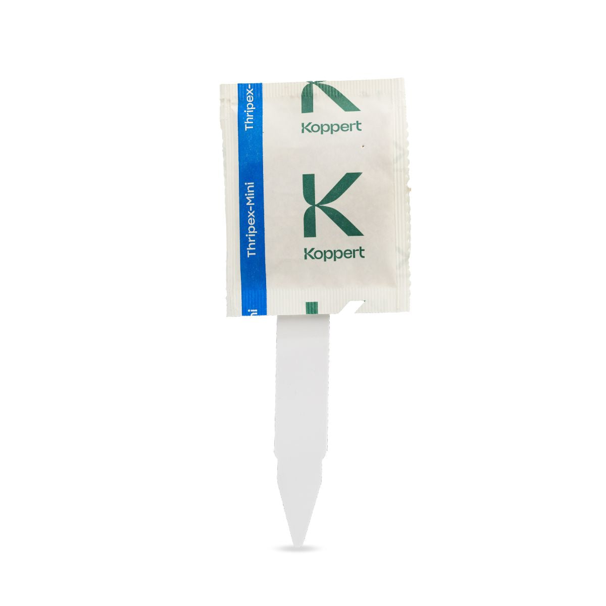 A sachet with a white lower part and a blue and green upper part, labeled 'Koppert', with a white rod-like structure extending from the bottom.