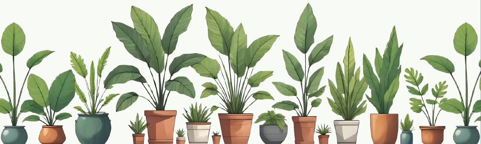 Row of potted plants with green leaves on a white background