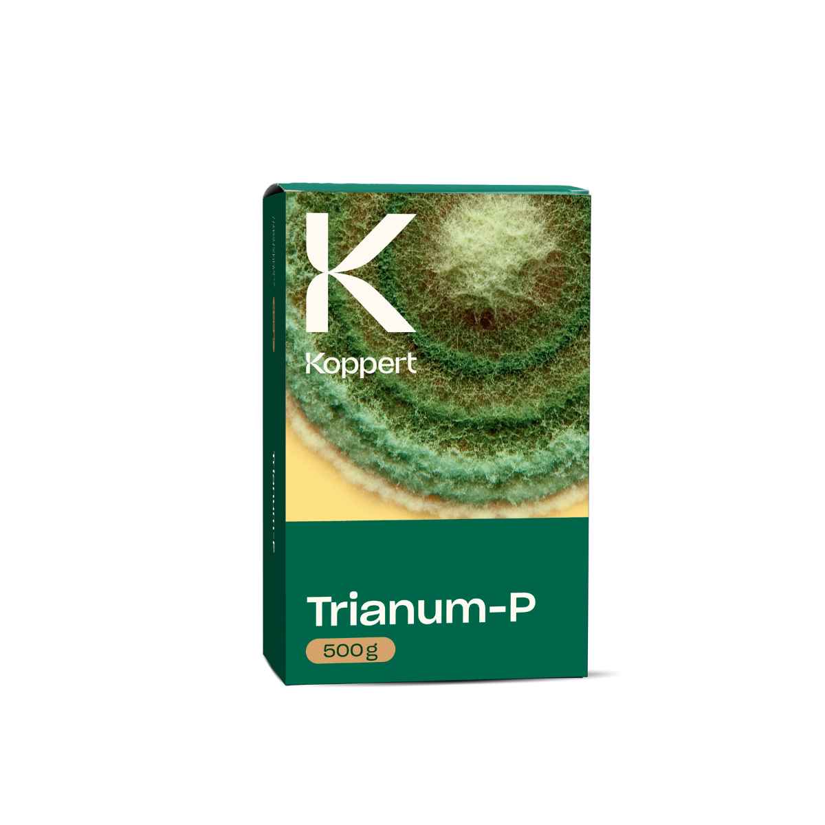 A package of Trianumum-P by Koppert, which appears to be a green and yellow box with a magnified image of a plant system on the front.