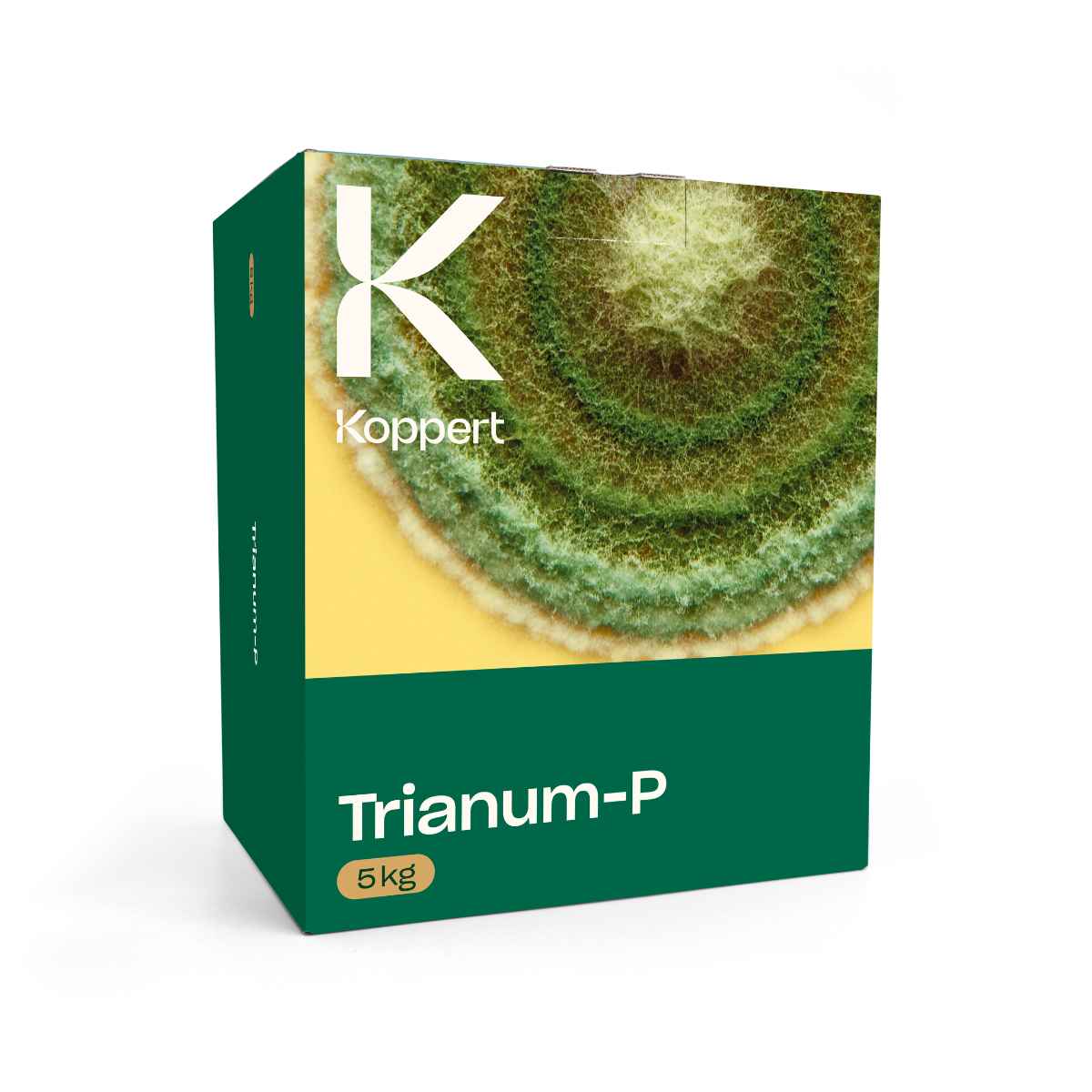 A package of Trianumum-P by Koppert, which appears to be a green and yellow box with a magnified image of a plant system on the front.